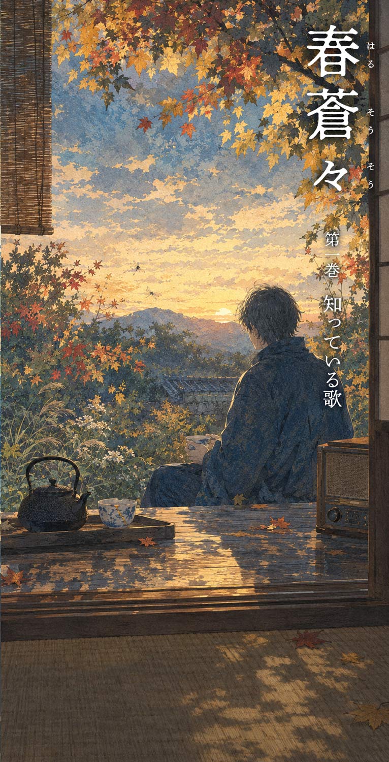 春蒼々 第一巻 知っている歌 表紙。秋の夕方、縁側に座る人の後ろ姿。盆の上に鉄瓶と湯呑み、傍らに古いラジオ