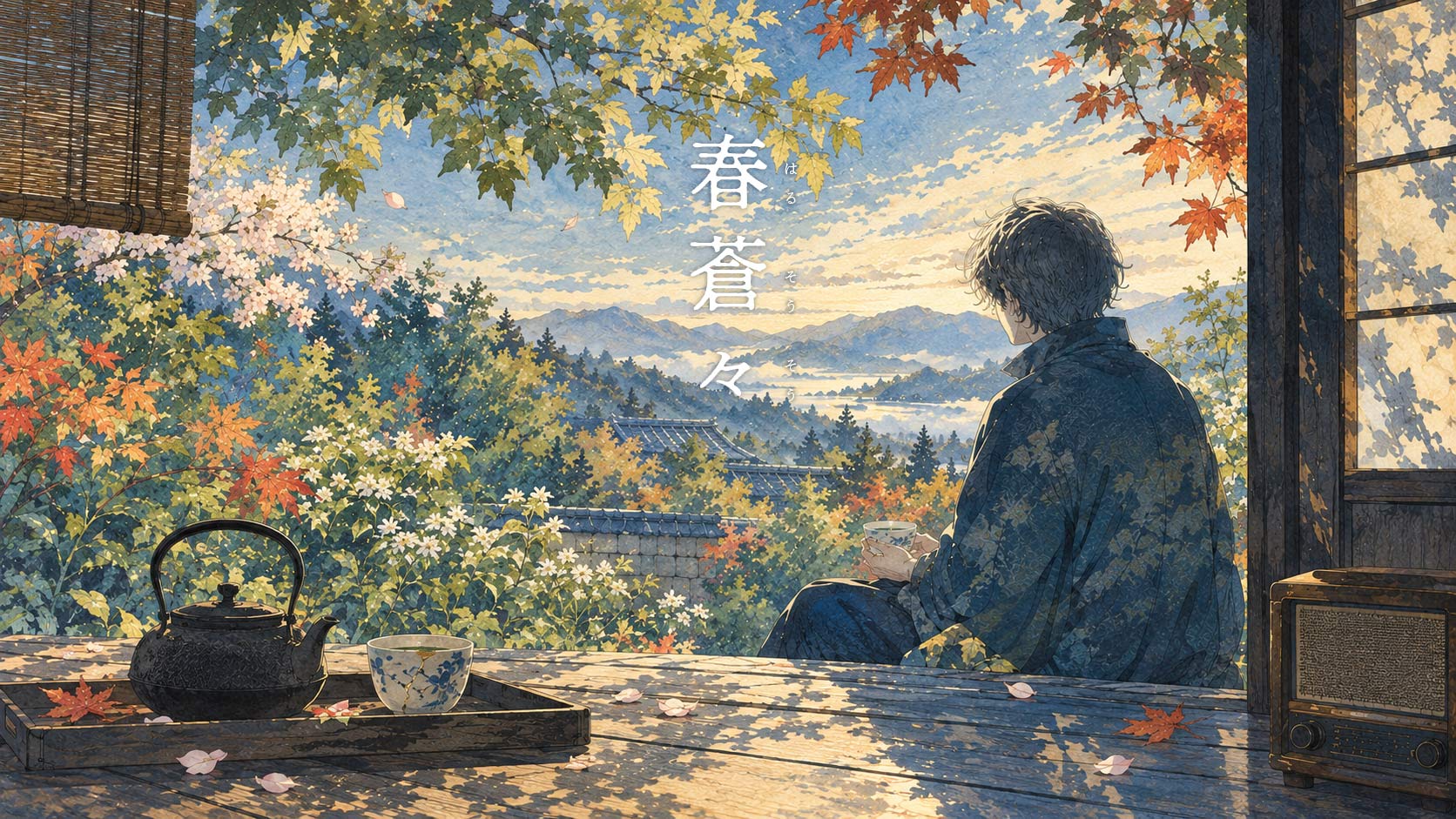 春蒼々（はるそうそう）。紅葉と白い花に囲まれた縁側で、湯呑みを手に遠くの山並みと雲海を眺める人の後ろ姿。盆の上に鉄瓶と湯呑み、傍らに古いラジオ